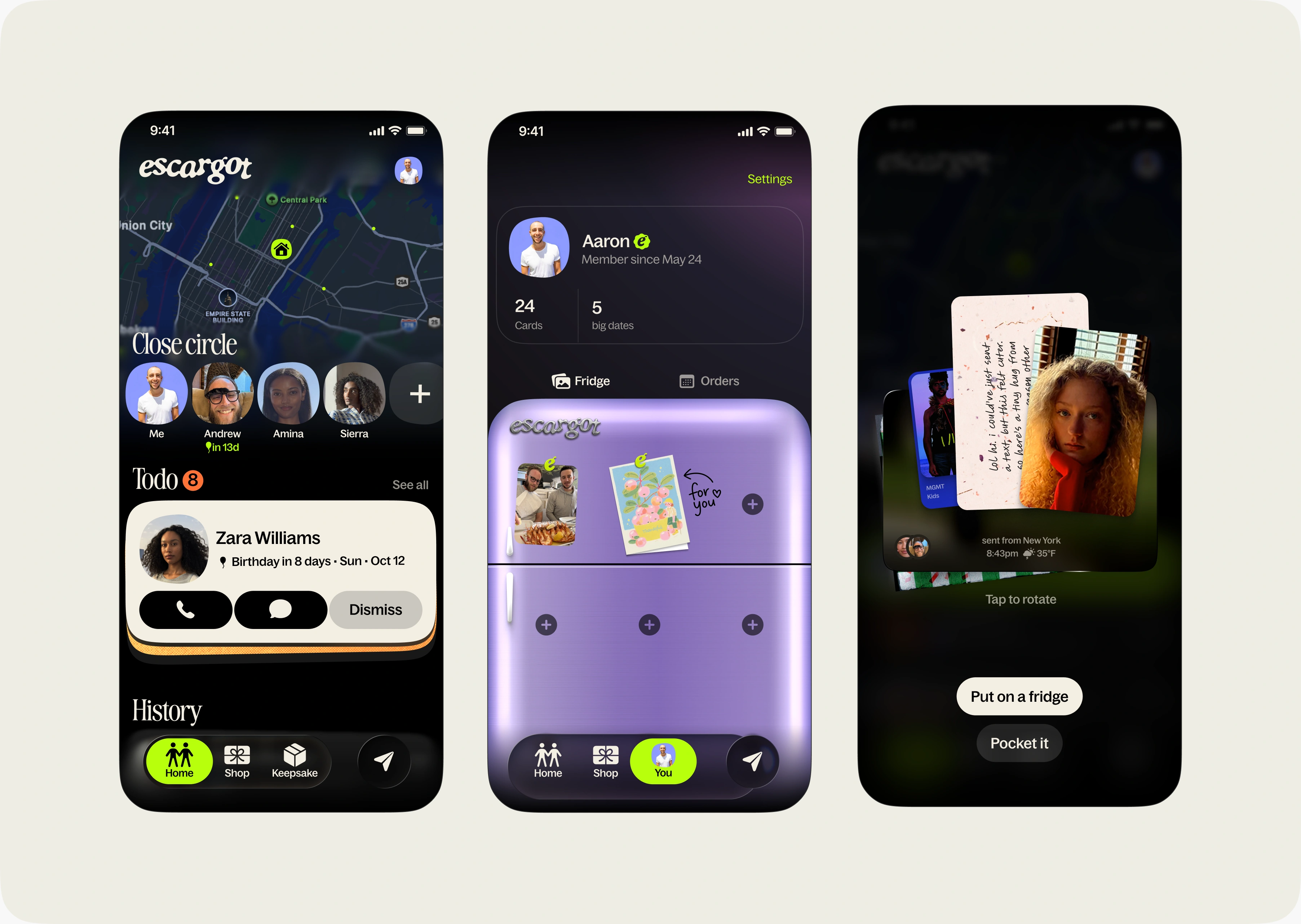 Escargot iOS – close circle, profile fridge, and keepsakes